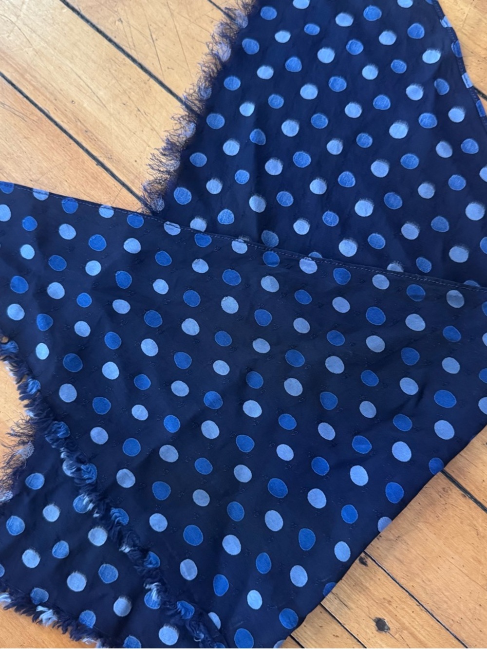 Vintage silk fringe triangle Polka Dot Navy Blue Lightweight Scarf bandana vtg